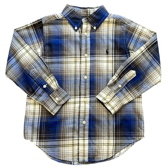 Ralph Lauren Boys Blue Brown Plaid Long Sleeve Button Down Size 5 EUC - Picture 1 of 4